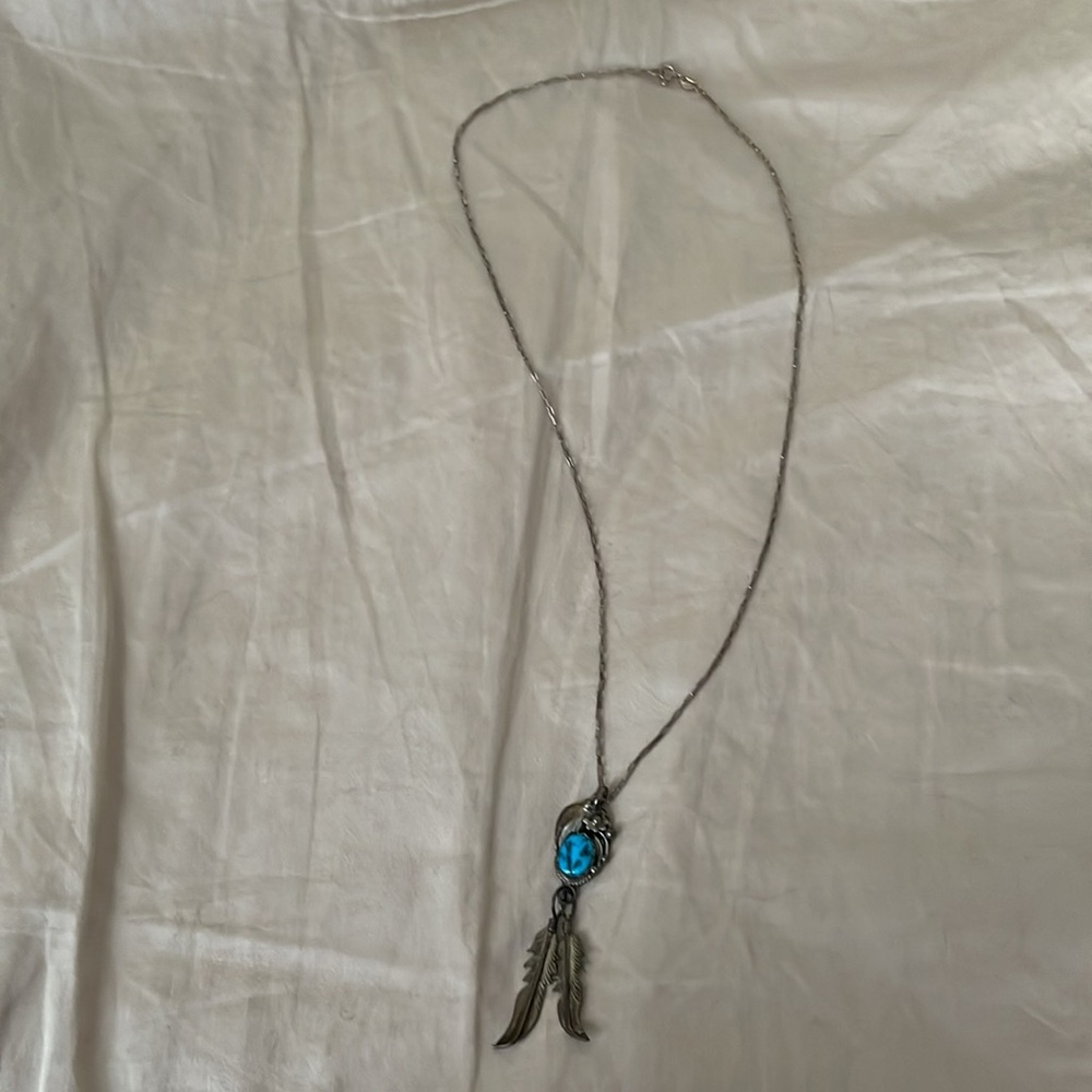 Vintage 90s Southwest Native American Sterling Silver Turquoise Pendant 20” - Picture 2 of 4
